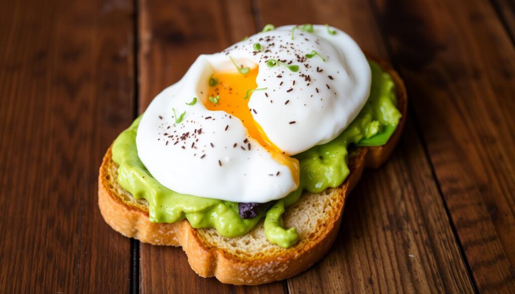 The combination of creamy avocado and perfectly poached eggs on top of crispy toast creates a harmonious blend of flavors and textures. This blend will leave you craving more.