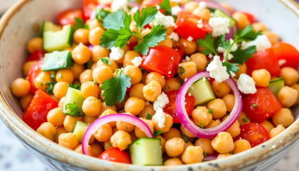 Just picture the creamy chickpeas, fresh cucumbers and peppers as well as juicy grape tomatoes. Include the zest of feta cheese and a fresh lemon dressing. A plate, not a mere dish, to be served as a side dish but as a centerpiece.